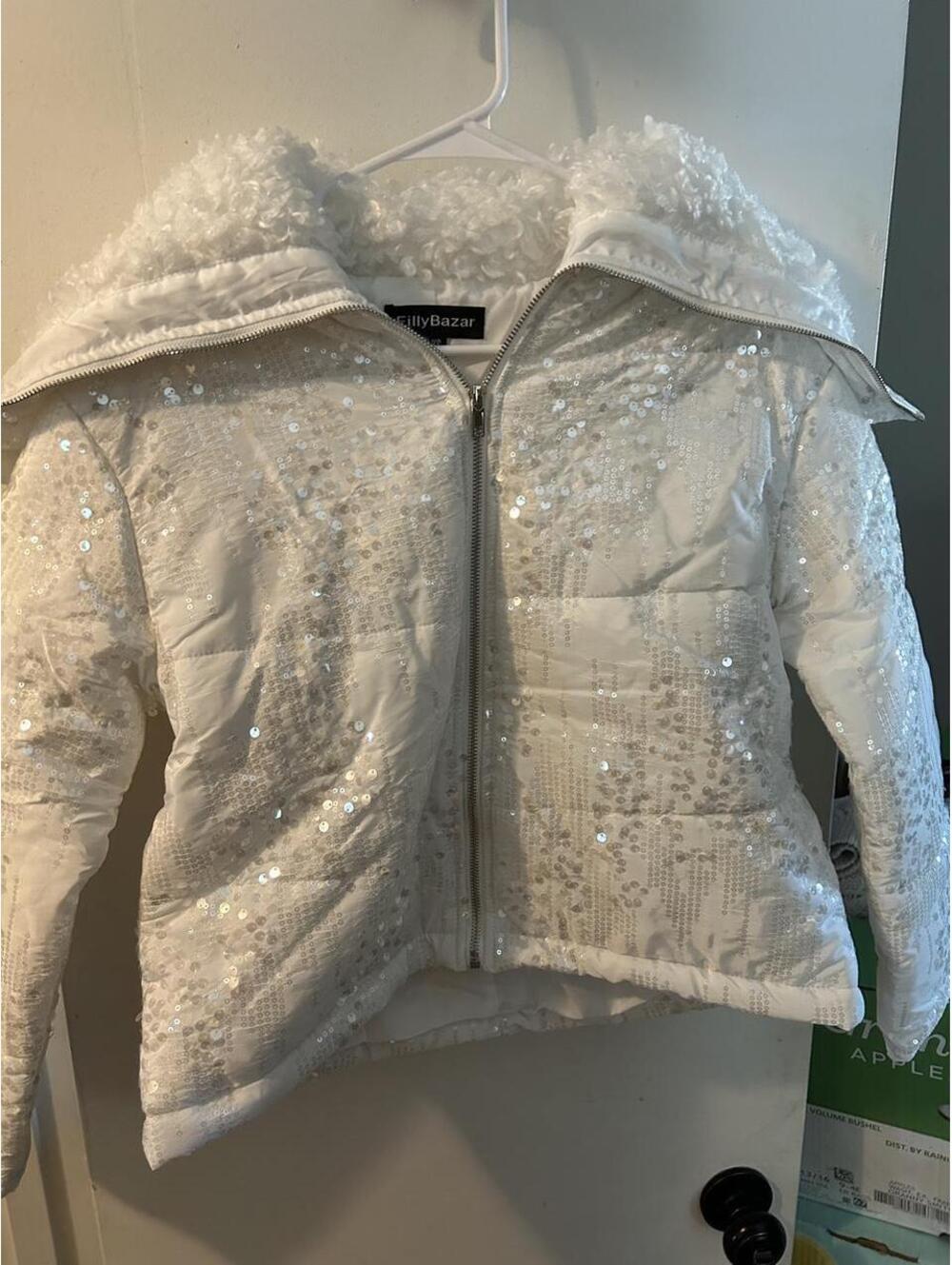 Brand new Ellie Bazar White sequin puffer jacket with faux fur hood, size XS